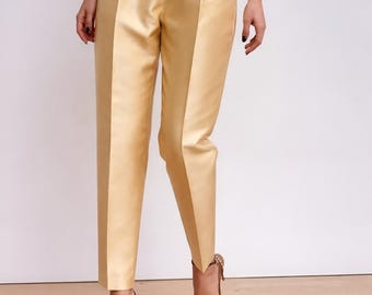 Light Gold Satin Silk Trousers for Women, High Waist Formal Office Pants