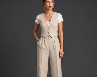 Beige Linen Vest and Pant Set, Waistcoat with Trouser for Women, High waist pant