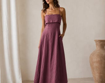 Washed Linen Spaghetti Maxi Dress, Square Neck Sleeveless Outfit, Fit and Flare Corset Dresses