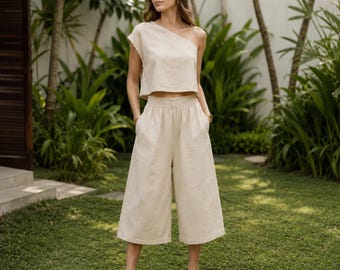 Linen Coord Set For women, One Shoulder Boxy Crop Top with Wide Leg Culottes