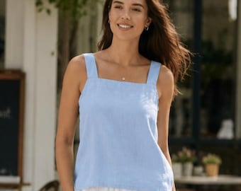 Blue Linen Straight Top for Women, Boxy Shell Tops, Square Neck Summer Outfit