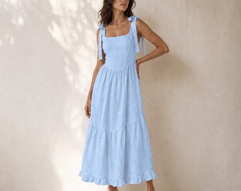 Powder Blue Washed Linen Midi Dress, Boat Neck Relaxed Fit Summer Outfit, Boho Dresses