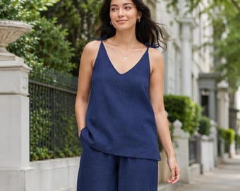 Linen V Neck Top for Women, Summer Cami Tops, Casual Tie Straps Outfit