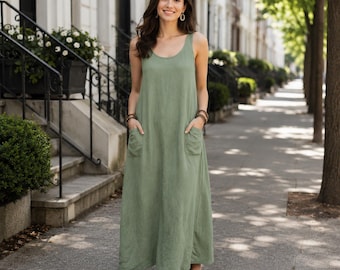 Sage Green Sleeveless Linen Shift Dress, Maxi Dresses with Pockets, Ankle Length Summer Outfit