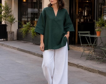Linen over sized Top, 3/4 Sleeveless V neck Tops, Plus size long Shirt, Summer clothing