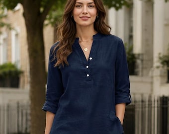 Navy Blue Linen Top for Women, Relax Fit A Line Shirt, Chinese Collar, Summer Outfit