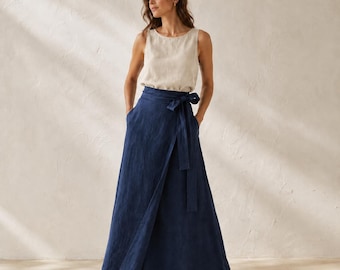 Natural Washed Linen Tie Waist Skirt, Wrap Maxi Skirts for Women