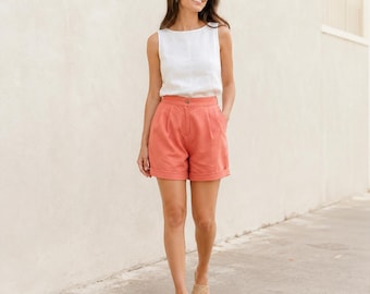 High waist Mini Shorts, Wide-leg Short with pocket, Linen Clothing for Women, Hot pants