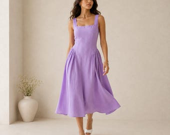Washed Linen Midi Dress, Square Neck Sleeveless Outfit, Fit and Flare Corset Dresses