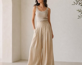 Washed Linen Wide Leg Trouser for Women, Casual Summer loose pants, Palazzo Pant
