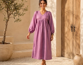 Purple Linen Maxi Dress With Pockets, V Neck Relaxed Fit Summer Dresses, Midi Outfit