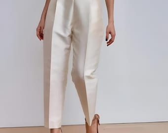 Ivory Silk High Waist Trousers, Satin Office Pants, Formal Business Outfit, Wedding Guest Outfit