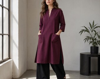 Mulberry Linen Shirt Dress: Long Kurta with Pockets and Slits, Relax fit, Summer Outfit