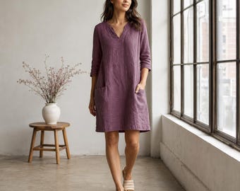 Washed Linen Dress with Pockets, 3/4 Sleeve Shift Dresses for Women