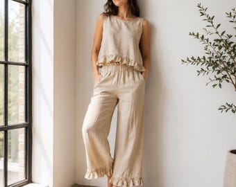 Beige Linen ruffle coord Set for Women, High Waist Wide Leg Pants Sleeveless Top