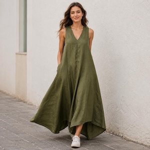 Olive Linen Jumpsuit Dress, Relaxed Fit Maxi with Wide Legs and Zipper