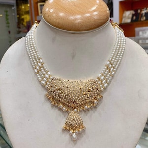 Navratan Jadau Halsketten Set, Traditionelle Perle mit Ohrringen, Indischer Brautschmuck, Goldton Multicolor Stone Hochzeitsschmuck