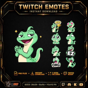 Peut inclure: Un ensemble d'emotes Twitch numériques représentant un personnage de lézard vert avec diverses expressions. Les emotes incluent le lézard qui applaudit, tient un trophée MVP, a des yeux en cœur, l'air triste, les joues gonflées, se frappe le front, tient un panneau EZ et un panneau OMG.