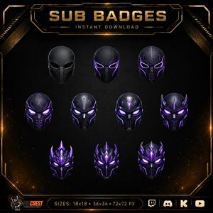 May include: A set of ten digital sub badges featuring stylised black helmets with glowing purple accents and intricate mechanical details. The text SUB BADGES and INSTANT DOWNLOAD appears at the top, with sizes 18x18, 36x36, and 72x72 px at the bottom.