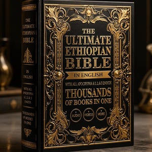 May include: A hardcover book titled "The Ultimate Ethiopian Bible in English." The cover is black with ornate gold filigree and text. The spine also features text. The book includes audio, videos, and more.