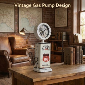 May include: A vintage-style gas pump clock with a white and red Route 66 design. The clock face displays the number 66 and the words "Route 66". The pump has the word "Welcome" and "America's Mother Road" printed on it. The clock is on a wooden table.