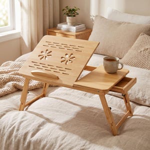 May include: A light brown bamboo laptop desk with an adjustable tilting surface featuring two flower-shaped ventilation cutouts and a horizontal ledge. The desk includes a flat side section with a small pull-out drawer and a ceramic mug.