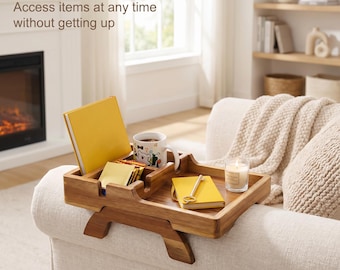 Acacia Wood Sofa Arm Tray Table, Couch Armrest Organizer, Wooden Sofa Snack Tray, Clip On Couch Table, Sofa Cup Holder Tray