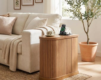 Fluted Side Table with Charging Station, Mid Century Modern End Table, Wooden Nightstand with Storage, Sofa Side Cabinet