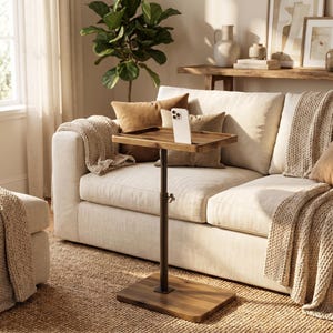 May include: A height-adjustable side table featuring a rectangular wooden top and base connected by a central dark metal pole. The table includes a small knob for height adjustment and holds a white smartphone upright on its surface.