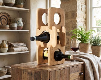 Rustic Wooden Wine Bottle Holder, Freestanding Countertop Wine Rack for Kitchen & Home Bar