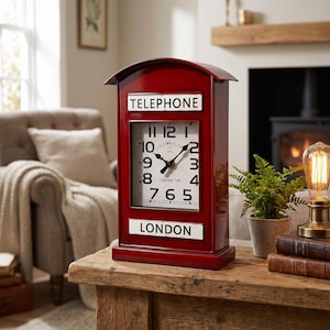 May include: A red telephone booth-shaped clock with a white clock face. The clock face has black numbers and hands. The words "TELEPHONE" and "LONDON" are displayed on the clock.