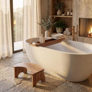 May include: A white oval freestanding bathtub with a wooden tray across the top holding a soap dispenser and a bar of soap. A wooden stool with a curved seat sits on the floor next to the tub, and folded towels rest on the tray.