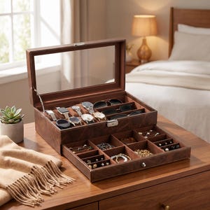 May include: A brown leather jewelry and watch box with a glass top. The top section holds watches and sunglasses, while the bottom drawer contains jewelry. The box is open, revealing the contents, and sits on a wooden surface.