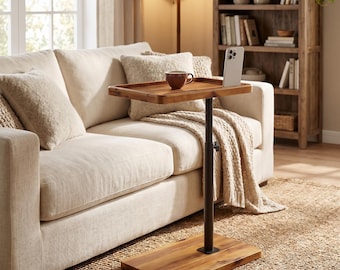 Adjustable C Shaped Sofa Table, Acacia Wood Couch Tray Table with Tablet Slot, Swivel Side Table for Living Room & Bedside