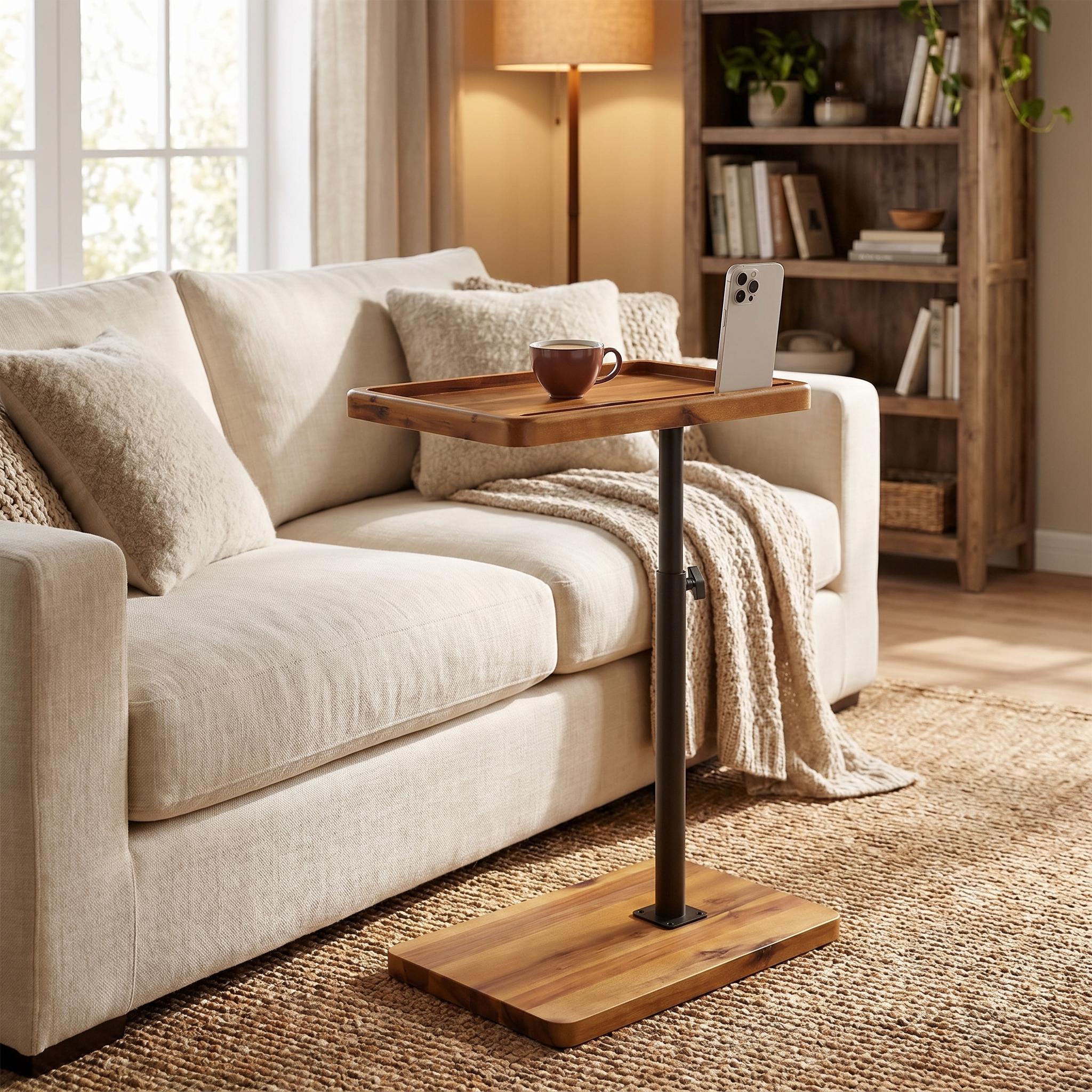 Adjustable C Shaped Sofa Table, Acacia Wood Couch Tray Table With Tablet Slot, Swivel Side Table for Living Room & Bedside