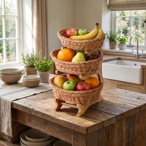 May include: A three-tiered woven wicker fruit basket stand with a light wood frame. The baskets are filled with a variety of fresh produce including yellow bananas, red and green apples, a green pear, an orange, and a mango, arranged in layers.