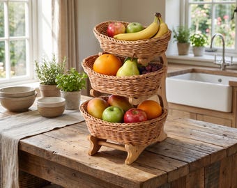 3 Tier Wicker Fruit Basket Stand, Farmhouse Countertop Organizer, Rustic Kitchen Storage Basket, Bread & Produce Holder