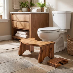 May include: A wooden step stool with a curved seat and sturdy legs. The stool is made of light brown wood and is designed for use in a bathroom. A second, smaller, folded stool is also visible.