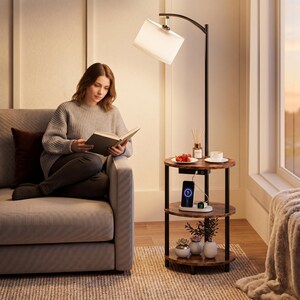 Modern Floor Lamp with Shelves, Narrow Side Table with USB & Type C Charging Ports for Bedroom Living Room