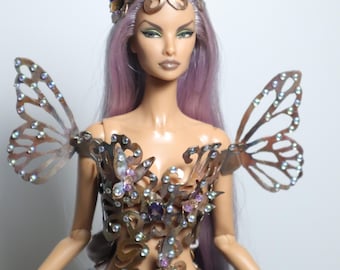 OOAK FR Doll Fantasy Fairy Couture Set | Kupfer Feuer Patina Korsett, Krone & Flügel | Handgefertigtes Fashion Royalty Outfit