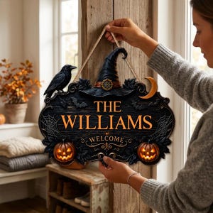 Peut inclure: Une plaque décorative noire à suspendre ornée d'un chapeau de sorcière, d'un corbeau et de deux citrouilles lumineuses. La plaque affiche le texte THE WILLIAMS et WELCOME en orange, avec des toiles d'araignée, des chauves-souris et un croissant de lune.