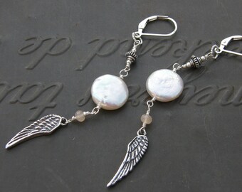 Angel Wings & White Coin Pearl Earrings OOAK Long Sterling Silver Angelic Dangle Drops Ready to Ship Unique Jewellery by VonCliecXclusives