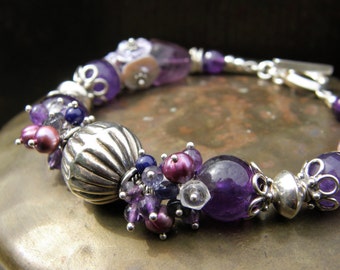 Purple Amethyst Cluster Bracelet OOAK Artisan Bracelet MultiGemstone Unique Handmade Keshi Pearls