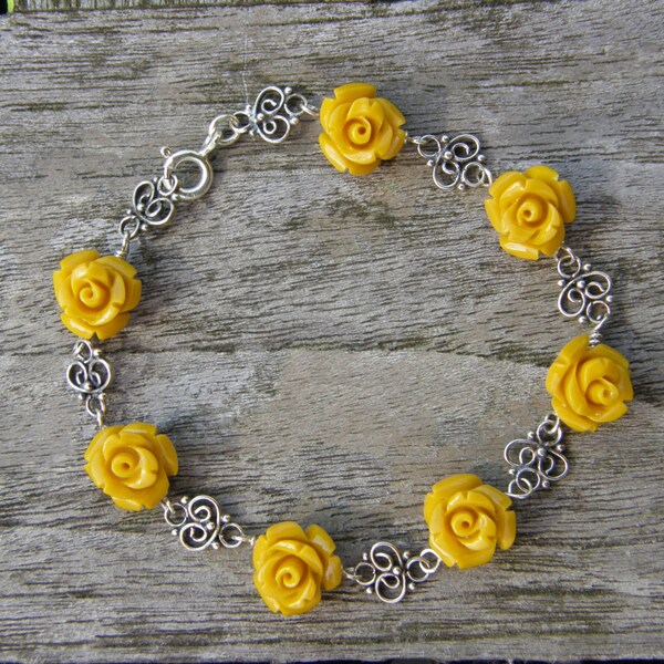Yellow Coral Rose And Sterling Silver Bracelet
