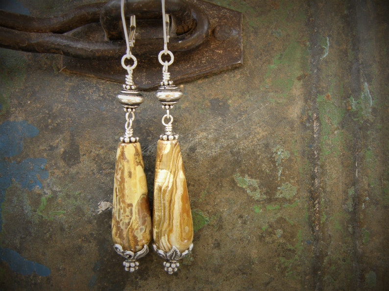 Earthy Picture Jasper Dangle Drops OOAK Mustard Yellow Leverback Earrings Unique Natural Stone Jewellery by VonCliecXclusives Ready to Ship