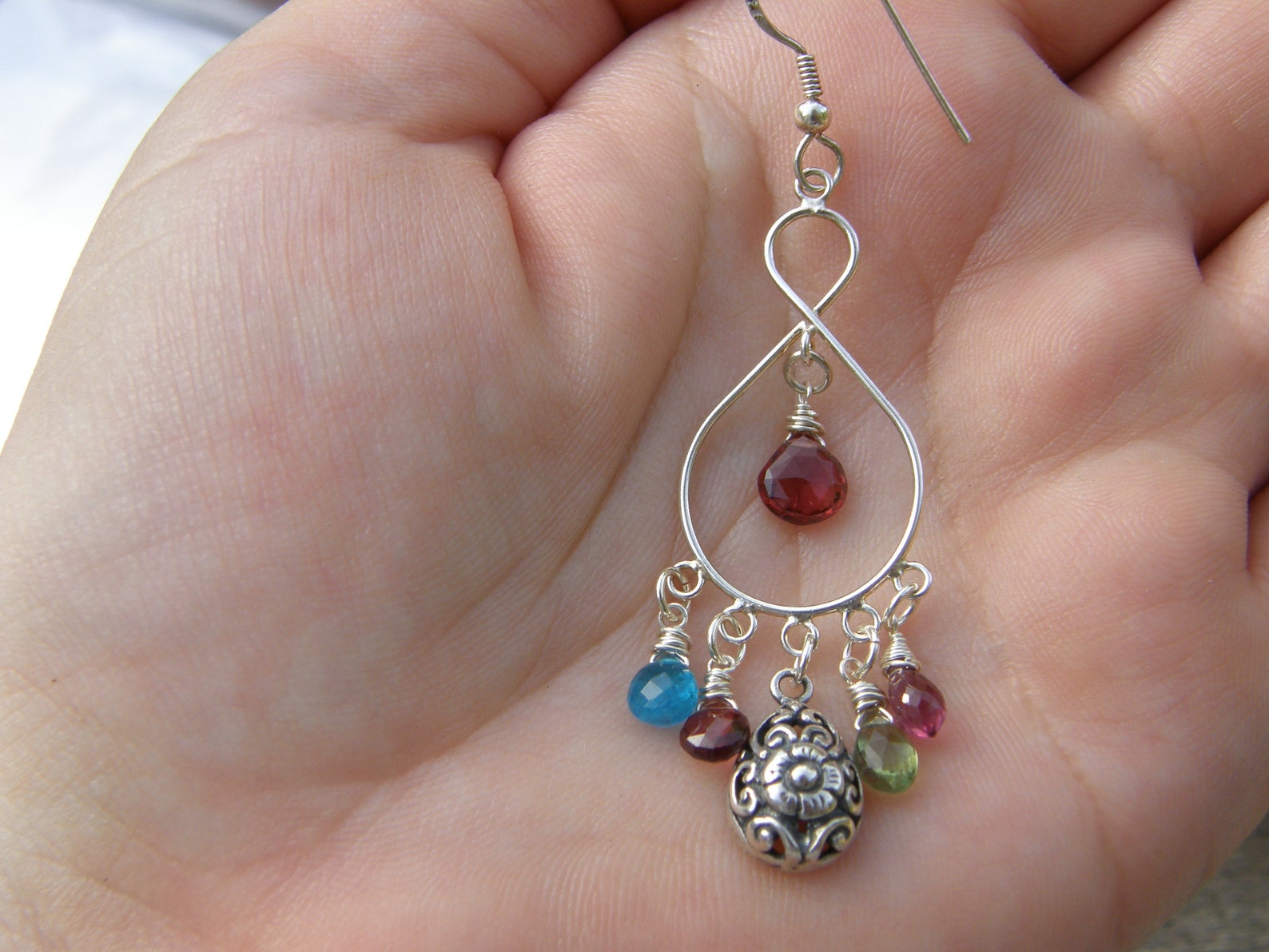 thumbnail image 2 of Forever 21 Long Hoop Chandelier Earrings - 8 Inch (21cm) Brass/Pink/Nude/Gold Boho Style 2 of 13