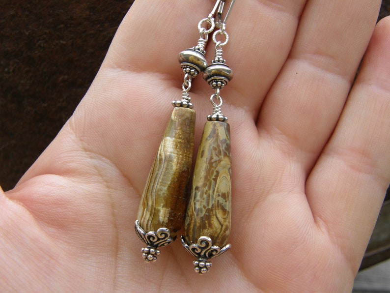 Earthy Picture Jasper Dangle Drops OOAK Mustard Yellow Leverback Earrings Unique Natural Stone Jewellery by VonCliecXclusives Ready to Ship