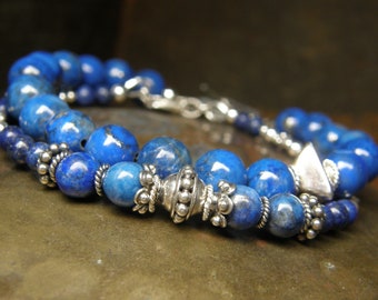 Bohemian Blue Layering Bracelet One of a Kind Beaded Bali Silver & Lapis Lazuli Stacking Bracelet Unique Boho Jewellery Handmade with Love