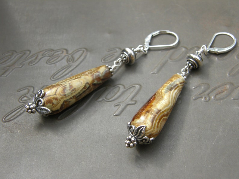 Earthy Picture Jasper Dangle Drops OOAK Mustard Yellow Leverback Earrings Unique Natural Stone Jewellery by VonCliecXclusives Ready to Ship