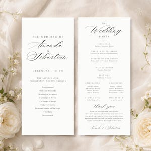 May include: Wedding program with the names "Amanda & Sebastian" in elegant script. The program details the ceremony, including the location in Charleston, South Carolina, and the wedding party.